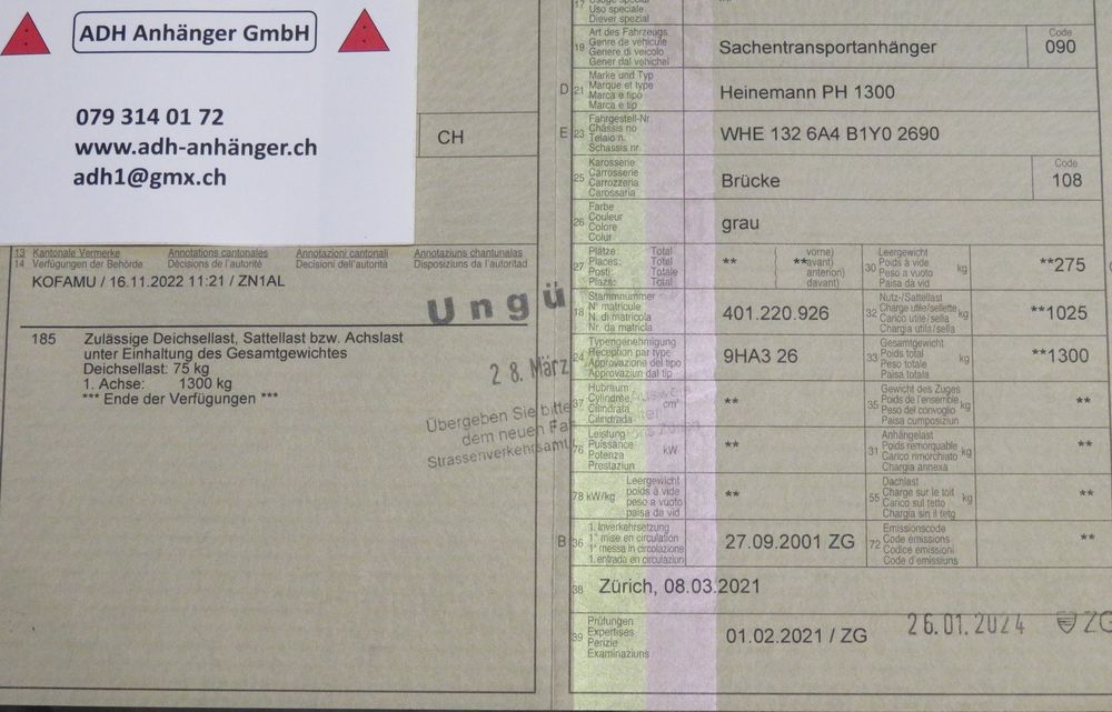 Sachentransportanhänger Heinemann PH 1300kg Brücke ab MFK 8