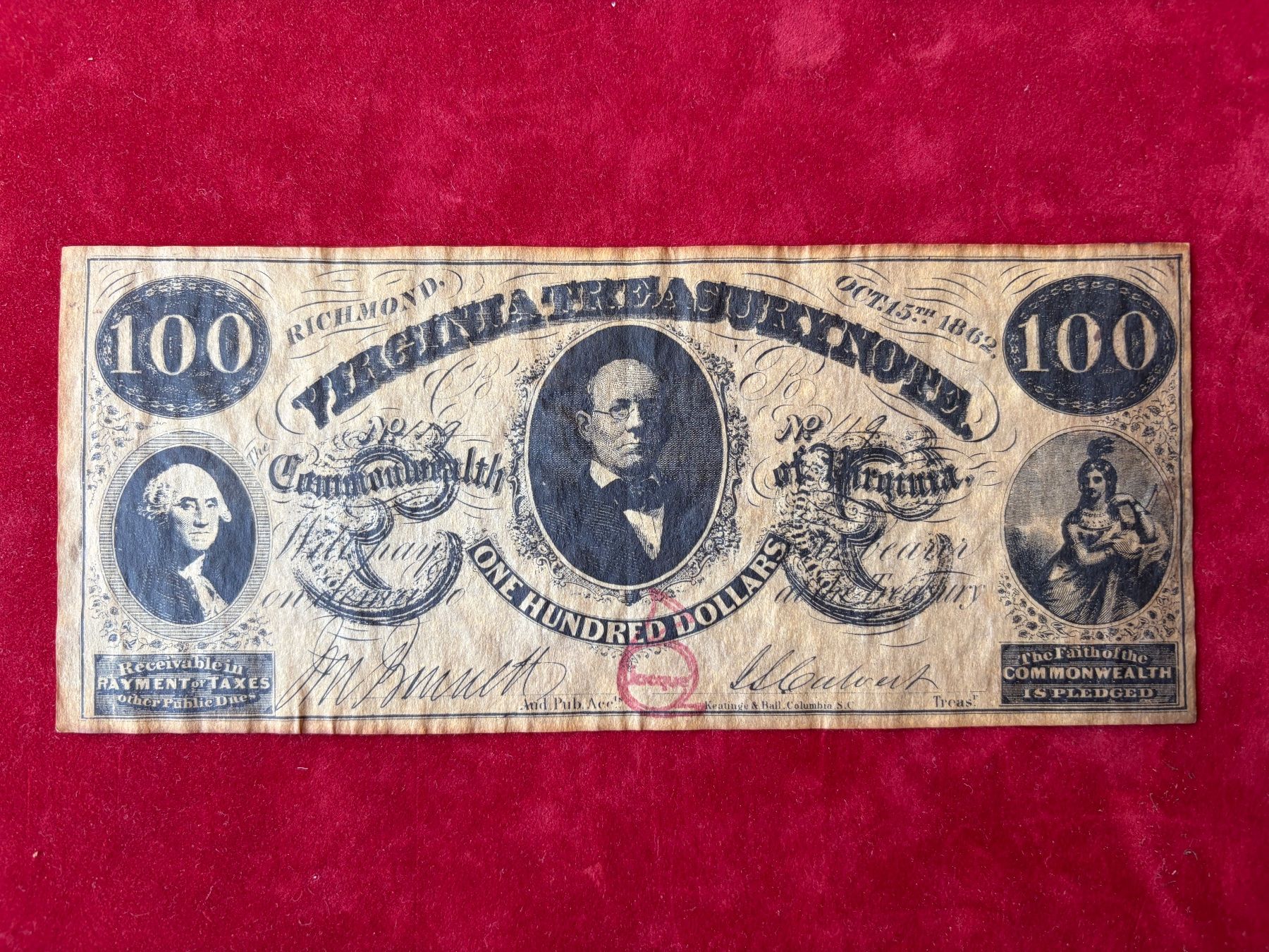 Banconote: USA VIRGINIA TREASURYNOTE - FACSIMILE 100 Dollars 15.10.1862 – Usato da Le Lignon venduto da Trikles