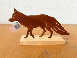Tisch Deko Fuchs aus Metall, rostfarben auf Holzsockel NEU