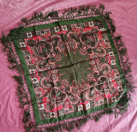 Carré foulard Paisley 100% Laine franges vert rouge