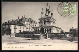 AK Geneve, Chapelle russe, Pferdekutsche
