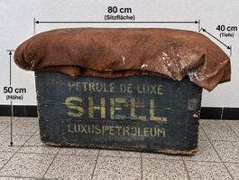 Vintage Sitzhocker SHELL Holzkiste mit echtem Kuhfell