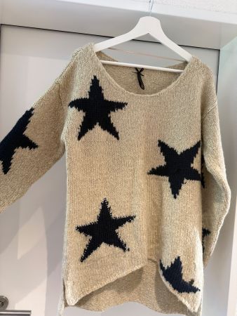 Damen Pullover beige mit schwarzen Sternen