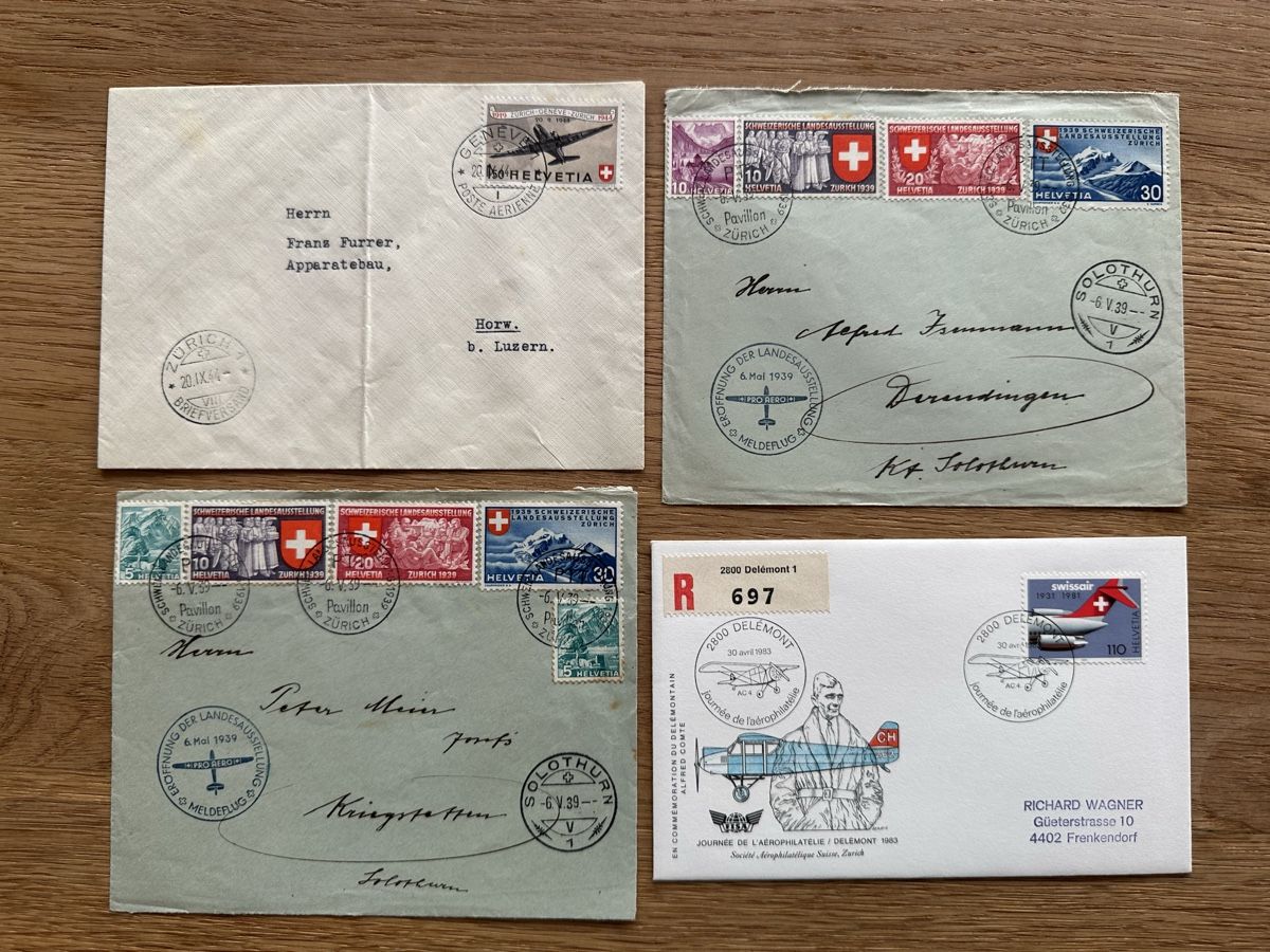 Alle Briefmarken: Schweiz - 4x Flugpost ab 1939 – Gebraucht aus Schmitten / FR von Samsara169
