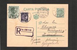 GS Rumänien Lovrin mit Zusatzfrankatur nach Bern , 15.6.1935