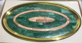 Malachit Tablett, Messing, grün marmoriert, oval, Italien