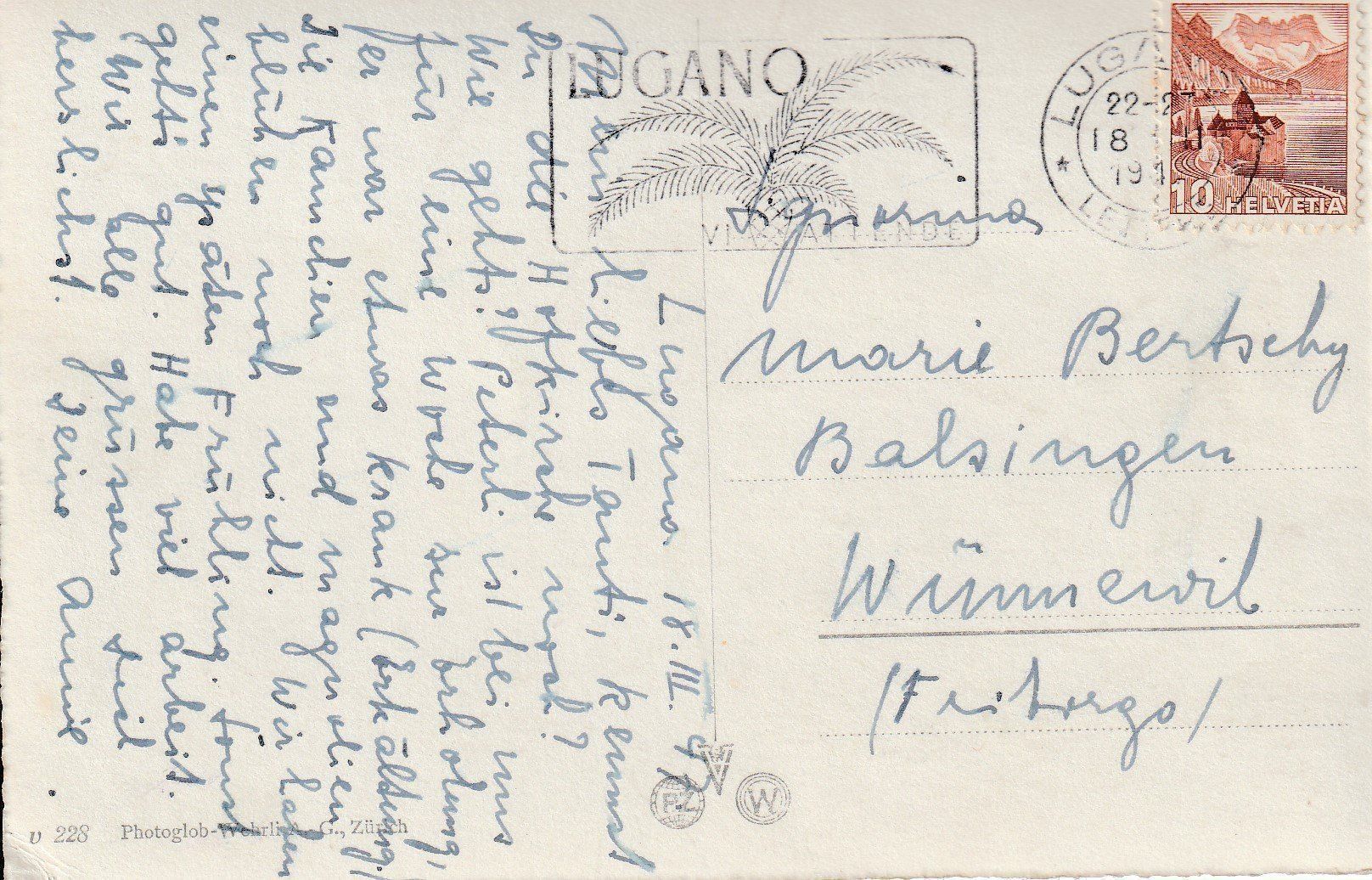 Cartoline postali: AK Lugano gel. 18.3.1947 – Usato da Fribourg venduto da schnalla92 1