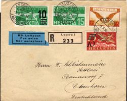 Flugpost MiF auf Chargé-Brief von LUZERN nach ELMSHORN (DE)
