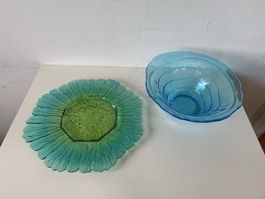 Glas-Schale und Platte, türkis-grün, Sommer-Deko Set