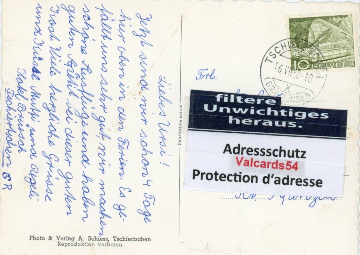 Cartoline postali: Tschiertschen  GR  mit Gürgaletsch      um 1958 – Usato da Brig venduto da Valcards54 1