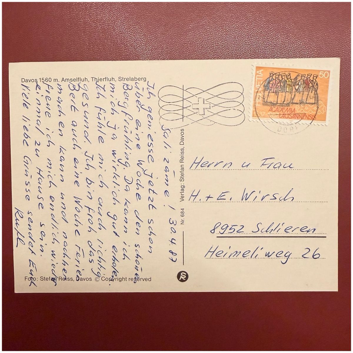 Ansichtskarten: Postkarte von Davos - Versendet 30.4.87 – Gebraucht aus Schlieren von RoPue 1