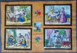 Kreidelithographie koloriert 4x Kinderszenen, um 1860