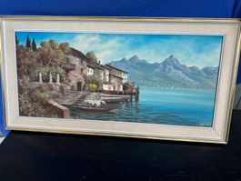 Tableau Paysage Lac  Lugano signe P.Lauber