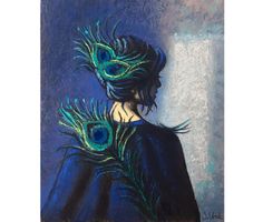 Original! Pastellbild "Woman in blue with..." signiert.