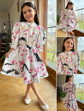 Mädchen Kleid floral elegant weiss/rosa Gr.110-116