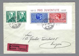 PJ BLOCK 1937 + 2 x 5 RP, PORTOGERECHTE EILBRIEF 0 CHUR