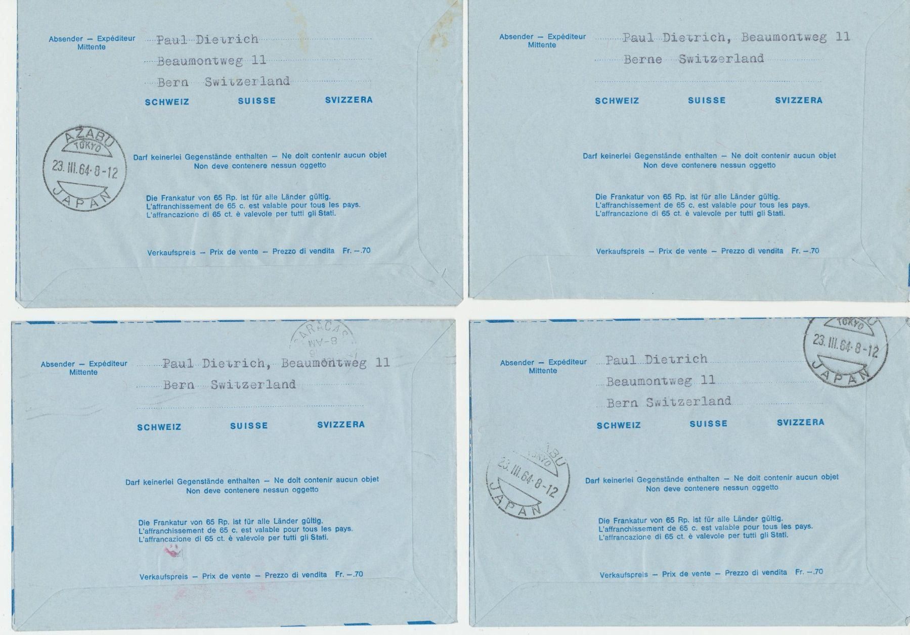 Tutti i francobolli: 1964  7 Stk. Aerogramme FDC – Usato da Schnottwil venduto da Chasarmar 2