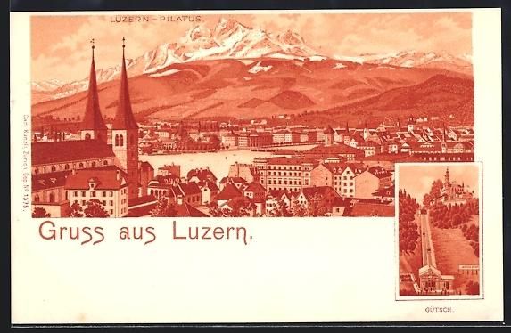 Ansichtskarten: Litho Luzern, Ortsansicht mit Pilatus, G – Gebraucht aus Berlin von bartko-reher