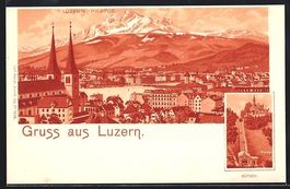 Litho Luzern, Ortsansicht mit Pilatus, G