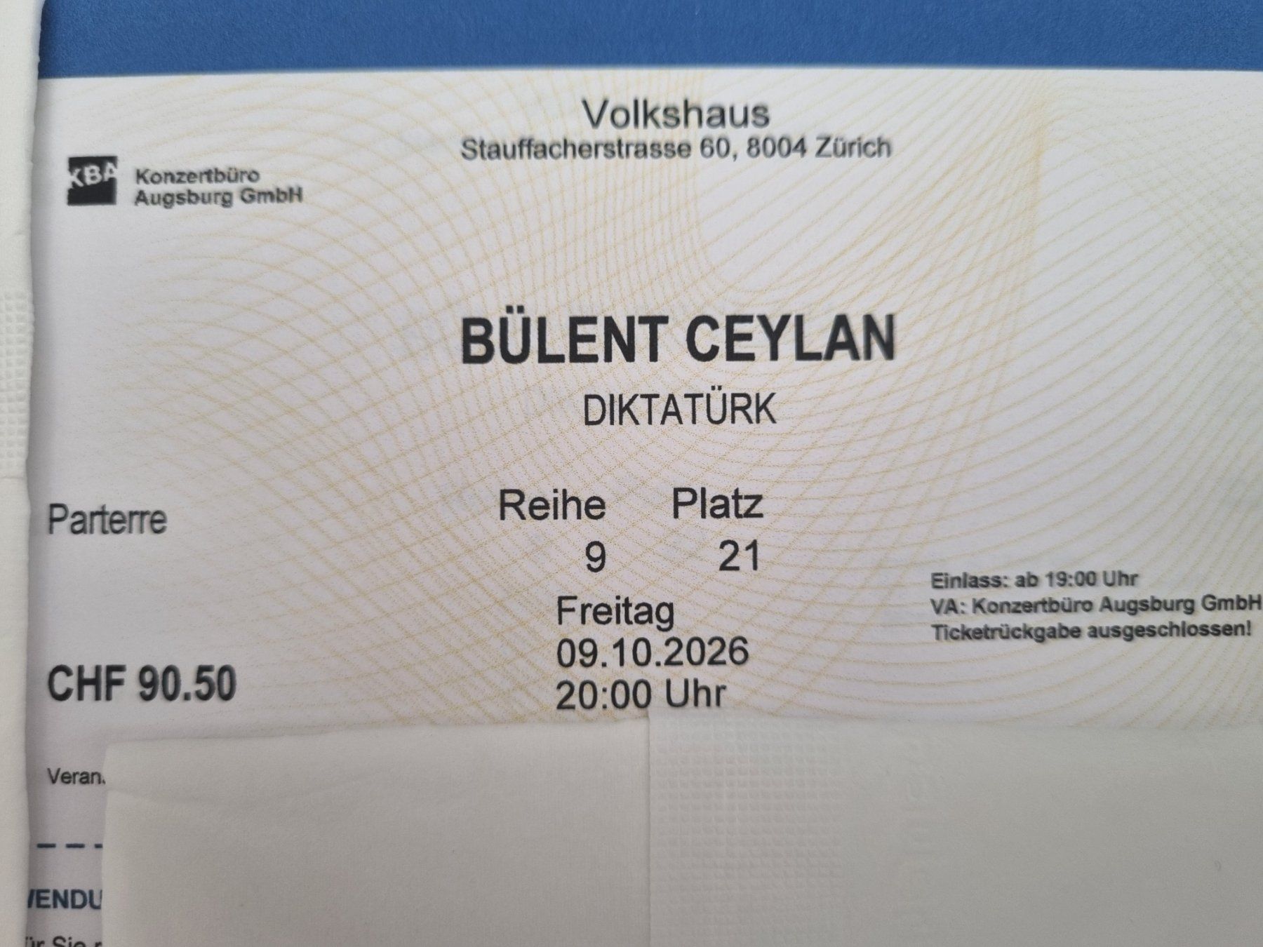 Biglietti: Bülent Ceylan, Zürich 9.10.26 – Nuovo (secondo la descrizione) da Zufikon venduto da Mmandarin