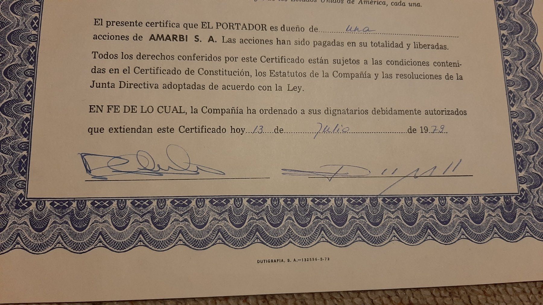 Dokumente: Aktie Amarbi SA, Panama, 1979 – Neu (gemäss Beschreibung) aus Porza von ulletta1 2