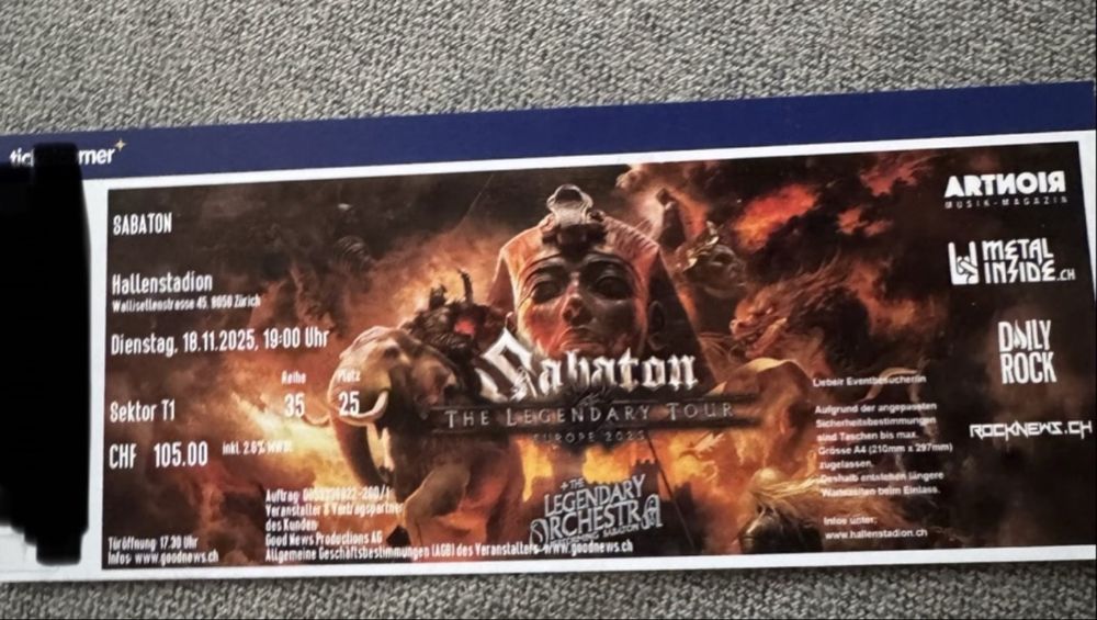 Sabaton Ticket, Hallenstadion Zürich, 18.11.2025 - Top Platz (Neu und ...