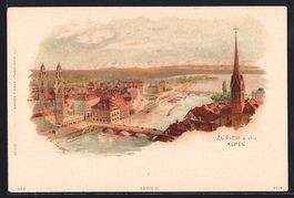 Litho Zürich, Stadtansicht mit den Alpe