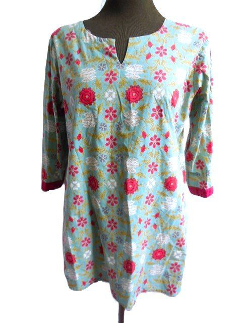 Tuniche: s. Masse ca. Gr. 40 Tunika-Bluse hellblau + Blumen Baumwolle – Usato da Basel venduto da FRAU.ZAUBER.MOND