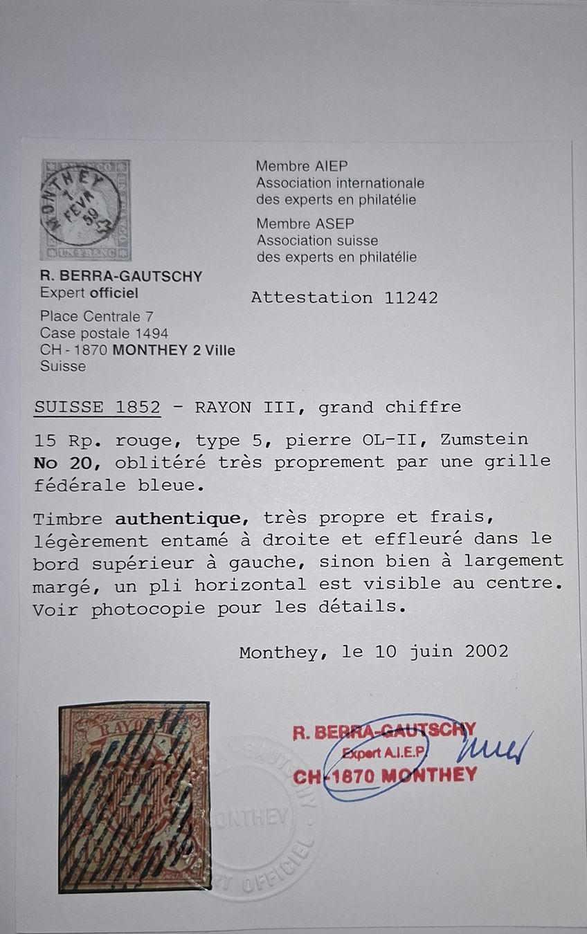 Tutti i francobolli: Rayon Nr. 20 Typ 5 blaue Raute + Attest – Usato da Balgach venduto da SIMEON27 2