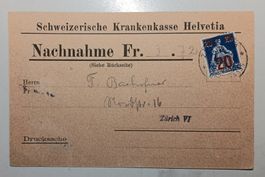 NACHNAHME KARTE NACH ZÜRICH 1921