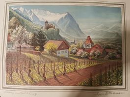 kolorierte Lithographie Sepp Buchner Vaduz im Frühling