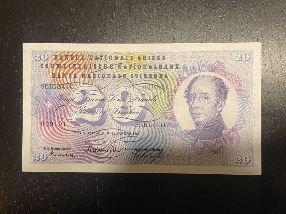 Ungefaltene Banknote Fr 20.00 1965 (Gebraucht) in Möhlin für CHF 10 ...