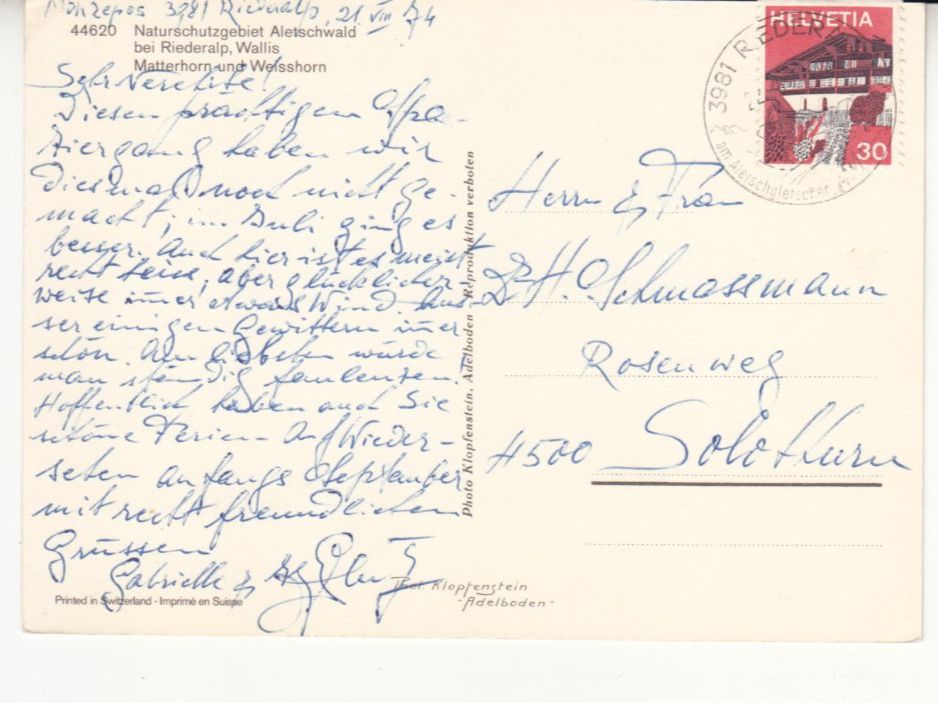Cartoline postali: Riederalp 1974 – Usato da Bürglen TG venduto da StampGraf 1