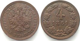 ÖSTERREICH K.u.K 4 Kreuzer 1861 A FRANZ JOSEPH I. Kupfer unz