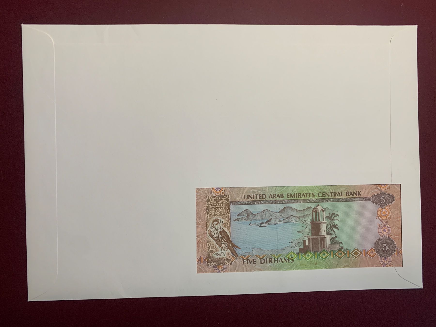 Banconote: UAE - 1st Day Issue 5.11.1995 - 5 Dirhams n.d. (1982)- Stpl – Usato da Le Lignon venduto da Trikles 1
