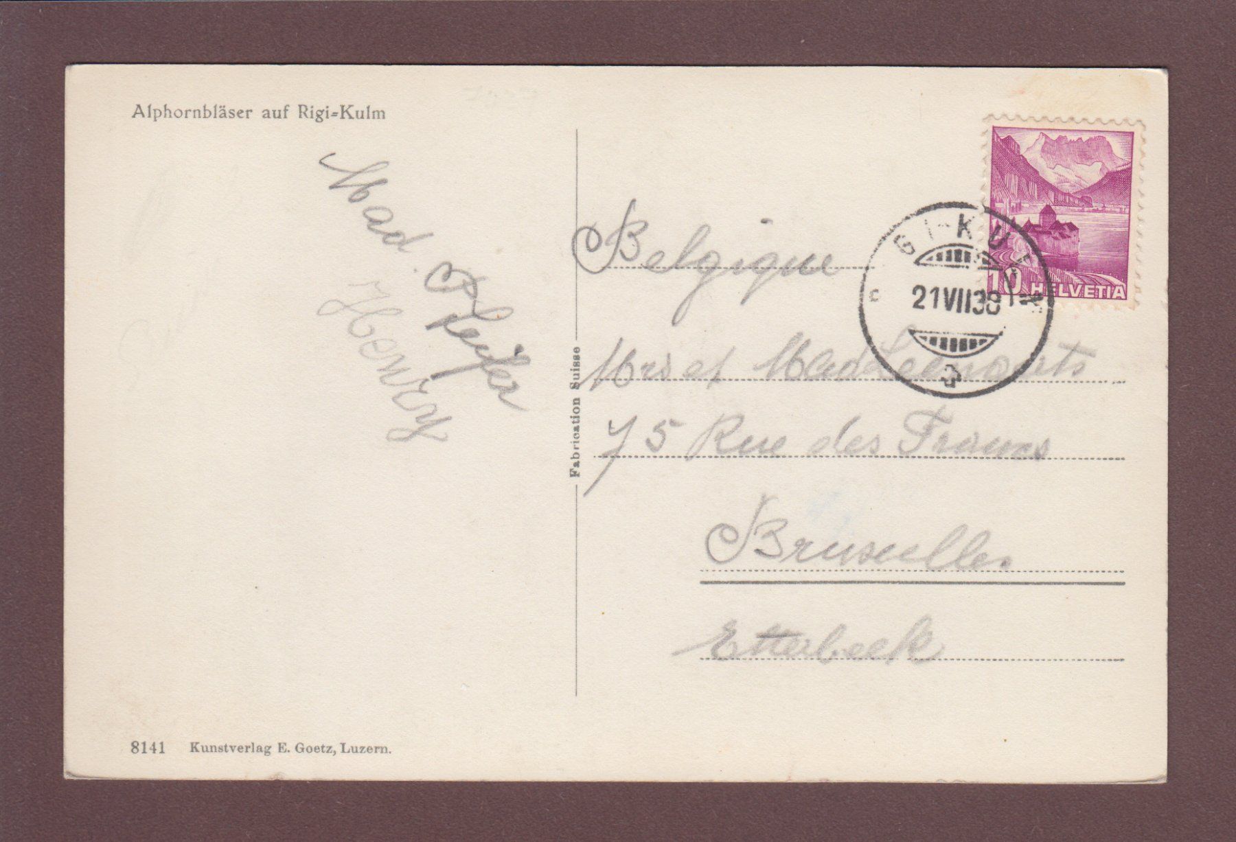 Cartoline postali: RIGI-KULM - Alphornbläser - 1938 – Usato da Pully venduto da nicecards 1
