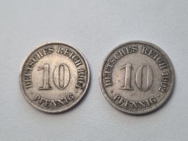 2 Münzen Deutsches Reich 10 Pfennig, 1902 "F" /1904 "A"