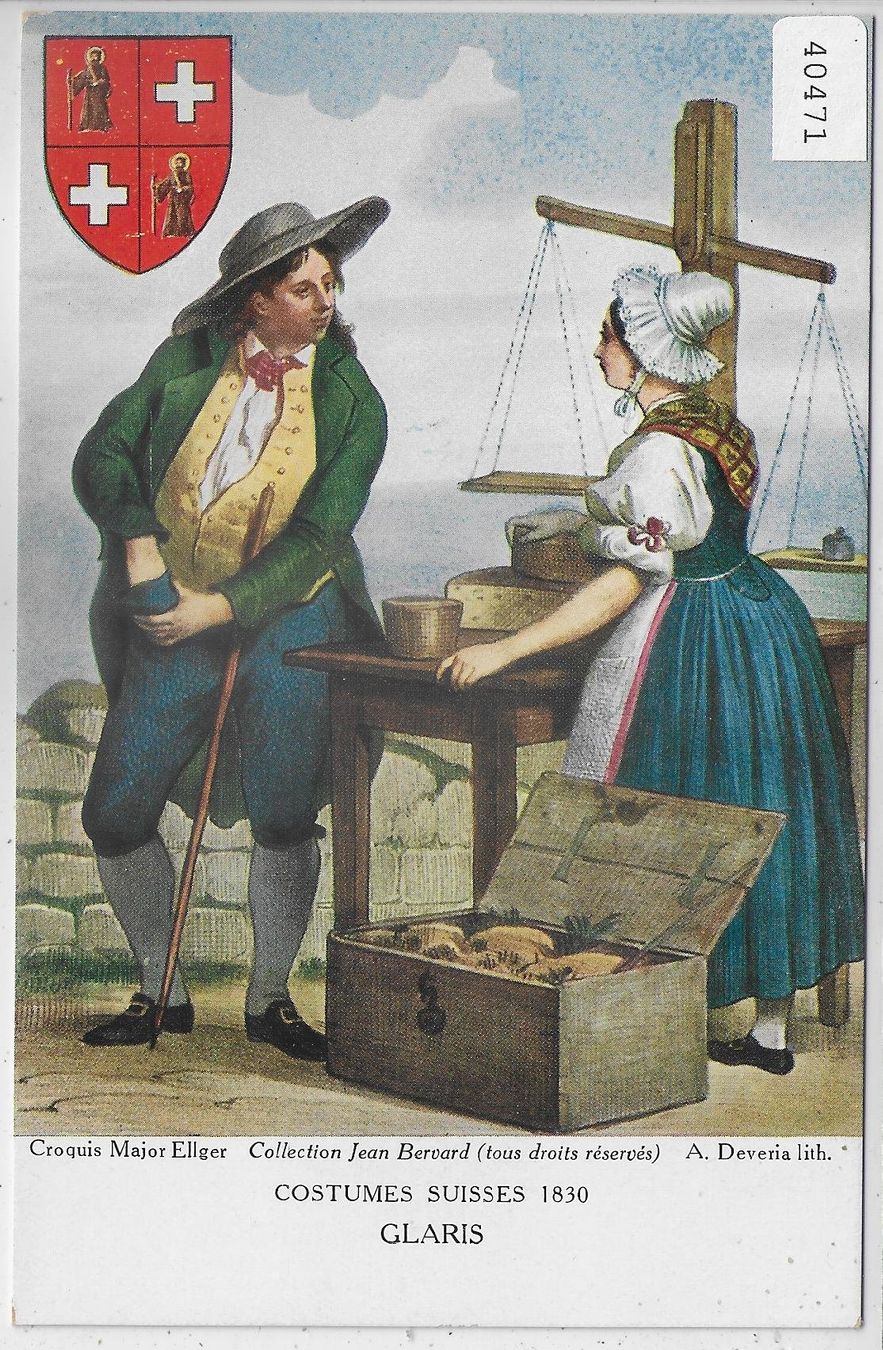 Cartoline postali: Costumes Suisses 1830 - Glaris - Glarus – Usato da Ettingen venduto da Kartenplanet