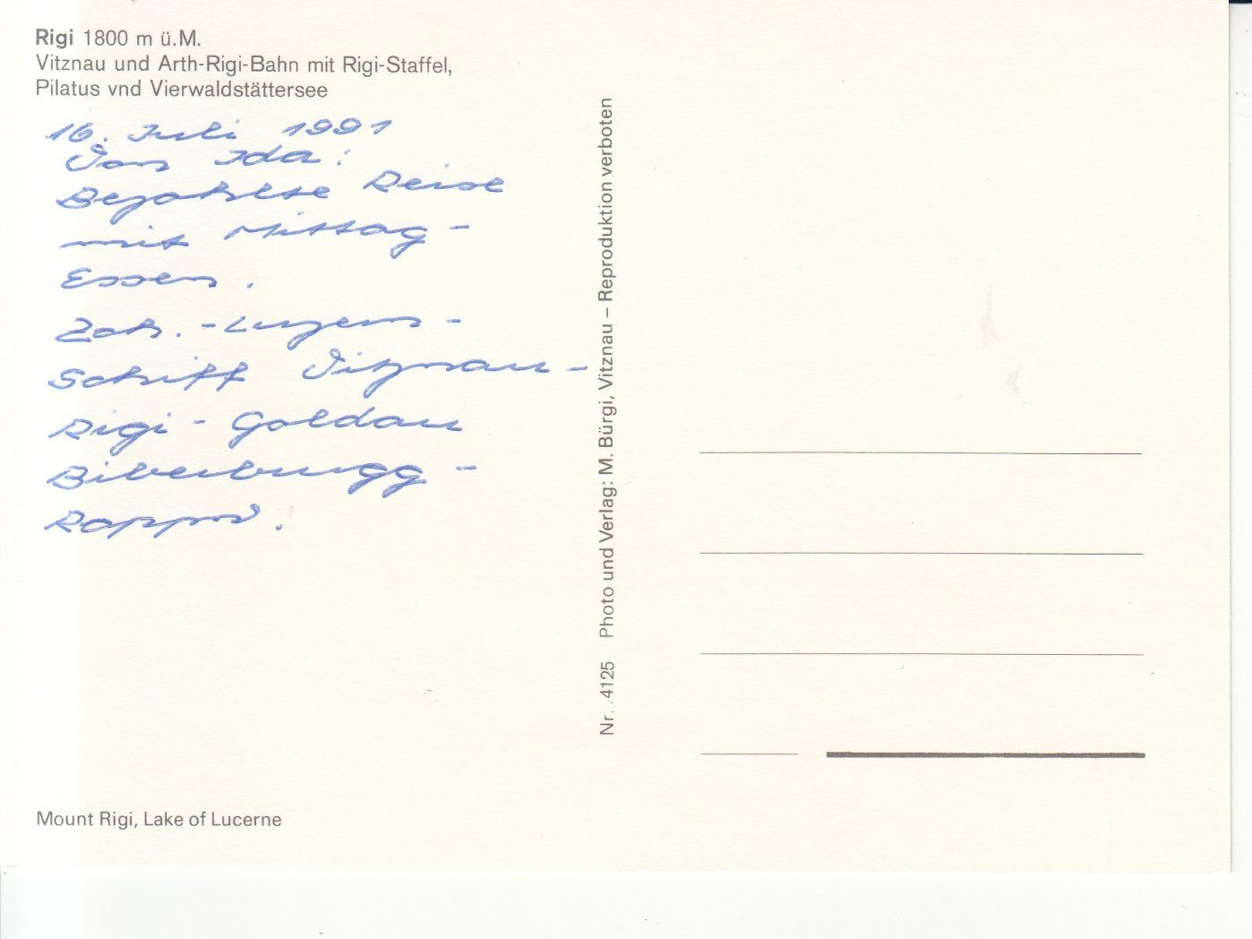 Cartoline postali: Rigi 1991 – Usato da Bürglen TG venduto da StampGraf 1