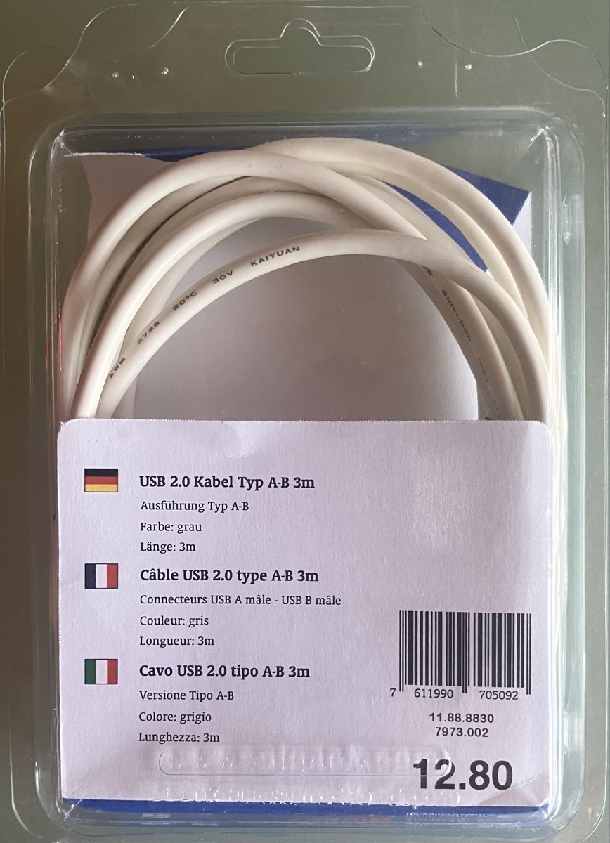 Kabel: USB 2 Kabel A-B 3m – Neu und originalverpackt aus Wädenswil von Messervice 1