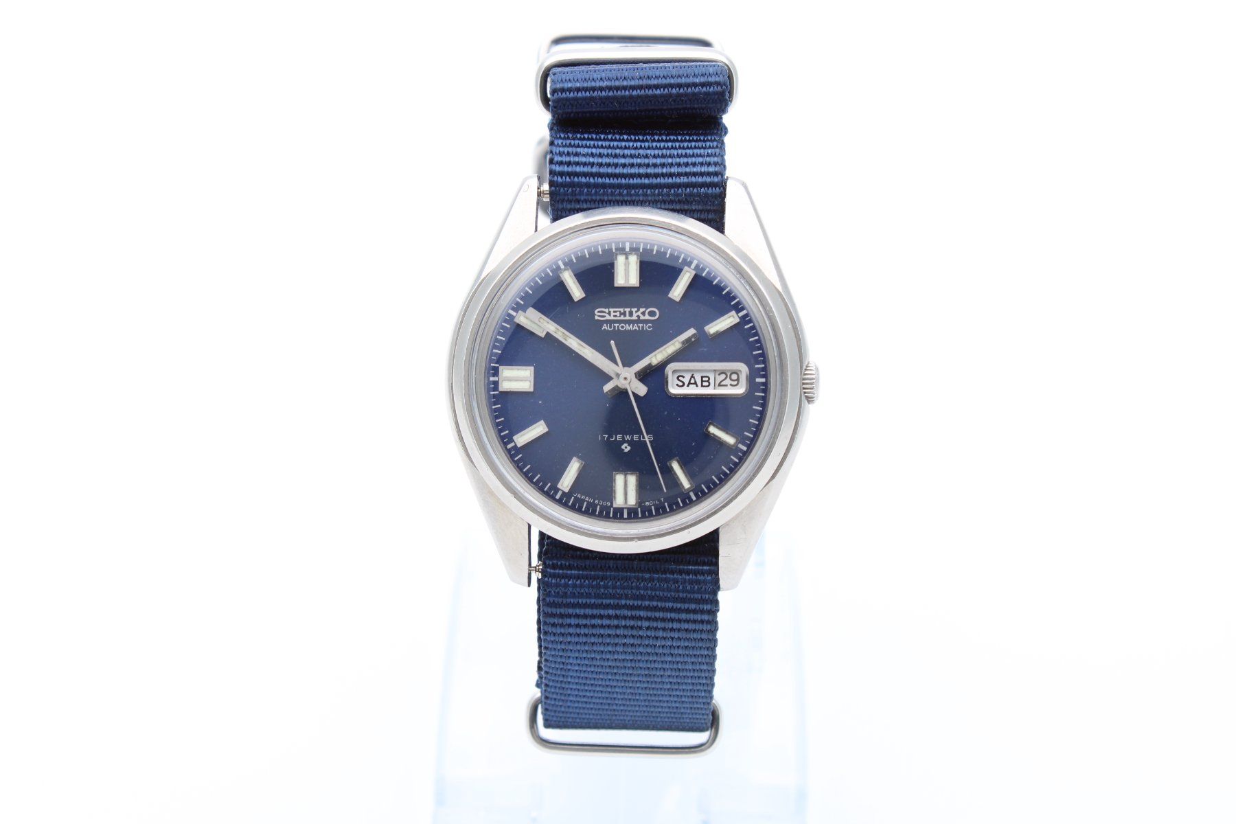 Seiko Orologi: Seiko Automatic Daydate Blue Dial 6409-8019 Nato Strap – Usato da Brüttisellen venduto da Alphawatch