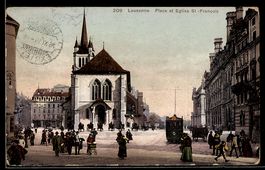 AK Lausanne, Place et Eglise St. François, Straßenbahn