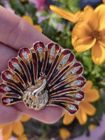Pfauen-Brosche, vintage, rot-goldfarben, mit Strass