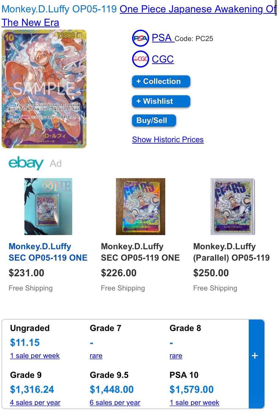 Bandai Carte collezionabili: Monkey D. Luffy OP05-119 SEC - SG 10 - Gem Mint - JP – Nuovo (secondo la descrizione) da Chêne-Bougeries venduto da Carte-Sauvage 2
