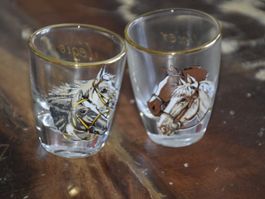 Set 2 Liqueur Gläser mit Pferde " Saignelégier " Rarität!