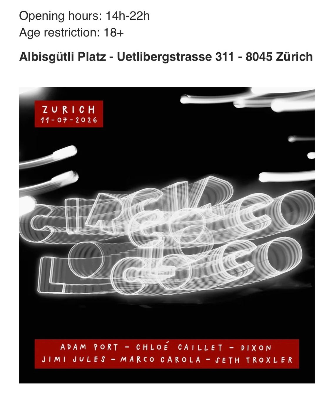 Tickets: CircoLoco Zurich 11.7.26 (entry before 3pm) – Neu (gemäss Beschreibung) aus Dulliken von speed110