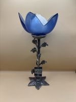 Bougeoir lotus verre bleu – Jean Goardère – Étain 95% France