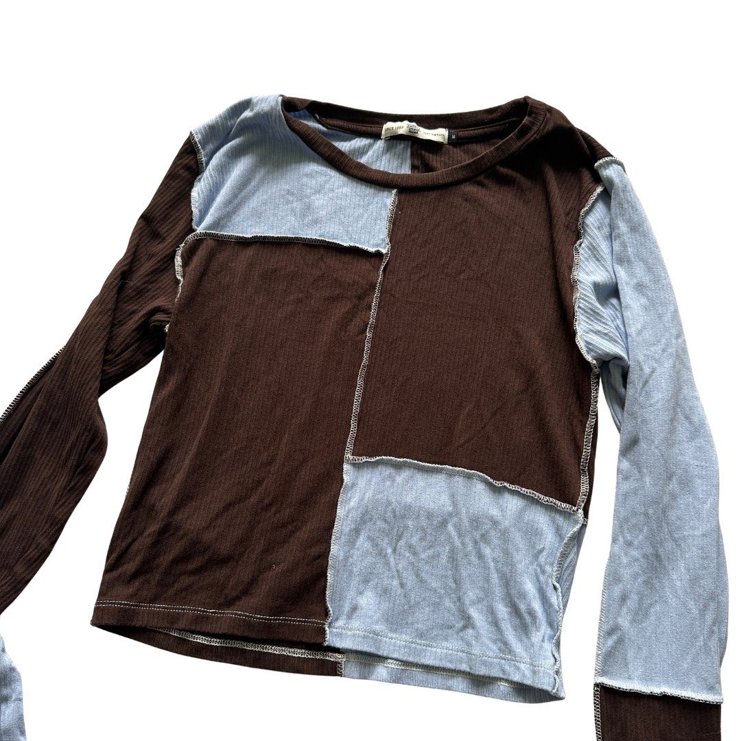 Top: Two-tone patchwork top, brown & light blue, Y2K, size S – Usato da Zofingen venduto da JumpInVintage 2