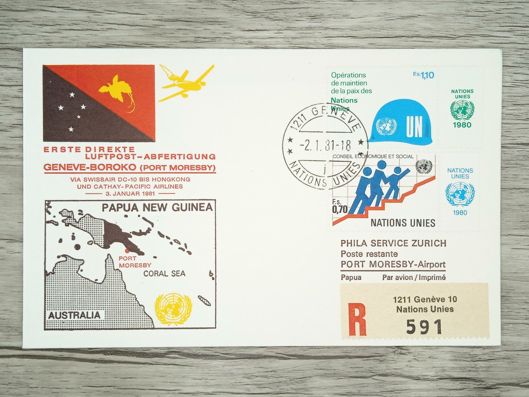Tutti i francobolli: TR77 Enveloppe + Timbre Suisse / ONU 1981 Theme Aviation – Usato da Cousset venduto da Patrick_Collections