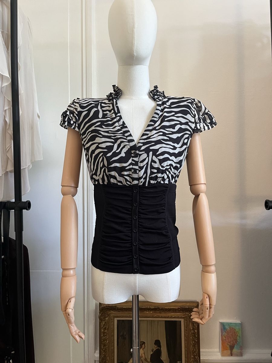 Camicette: Zebra Print Blouse With Black Ruched Front Size S – Usato da Zürich venduto da Melina.A